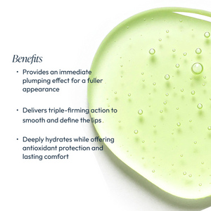 Close-up of a translucent gel texture with bubbles alongside text listing benefits of Lip Renewing Hydrator - Watermelon | Circadia, highlighting plumping, firming, hydration, and antioxidant protection for lips.