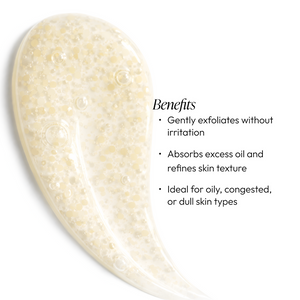Close-up of a translucent gel with micro-exfoliating beads next to text listing benefits of Micro-Exfoliating Honey Cleanser - 2 oz | Circadia, highlighting gentle exfoliation and oil absorption for oily and dull skin.
