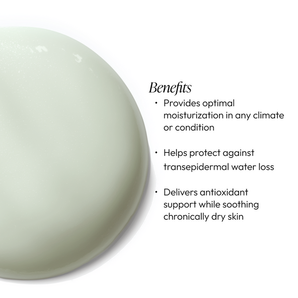 Close-up of smooth, light green hydrating lotion texture alongside text highlighting benefits of Moisture on Demand | Circadia for optimal skin hydration, water loss protection, and antioxidant support.