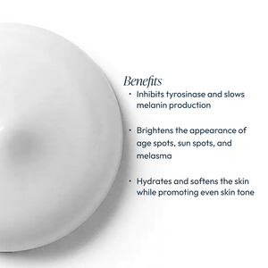 Benefits of Radiant Brightening Serum (Formerly Bright White Serum) | Circadia include inhibiting tyrosinase to slow melanin production, brightening age, sun spots, and melasma, and hydrating while promoting even skin tone.