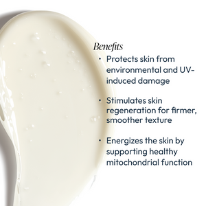 Close-up of a creamy white skincare lotion texture with overlay text listing benefits: protects skin from environmental and UV damage, stimulates skin regeneration for firmer texture, and energizes skin by supporting healthy mitochondrial function, promot