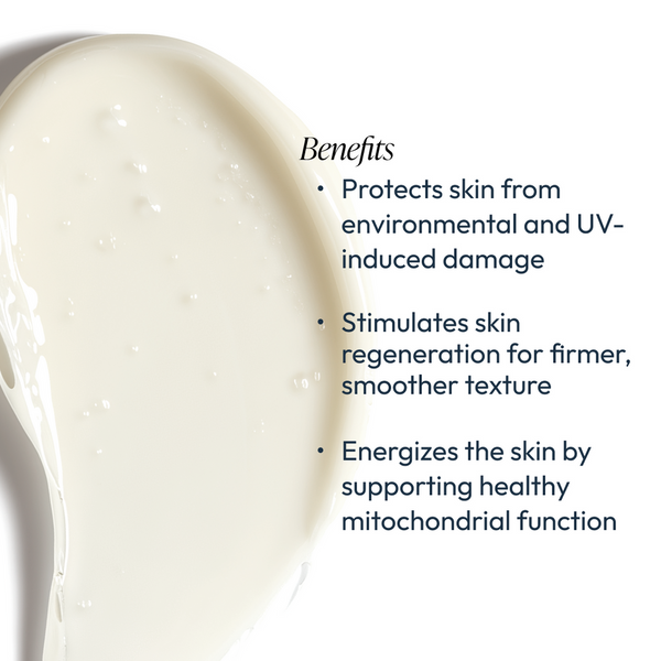 Close-up of a creamy white skincare lotion texture with overlay text listing benefits: protects skin from environmental and UV damage, stimulates skin regeneration for firmer texture, and energizes skin by supporting healthy mitochondrial function, promot