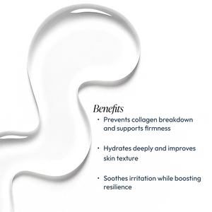 Clear serum drop shape on a white background highlighting benefits of Vitamin C Reversal Antioxidant Serum | Circadia, including collagen support, deep hydration, and soothing skin effects.