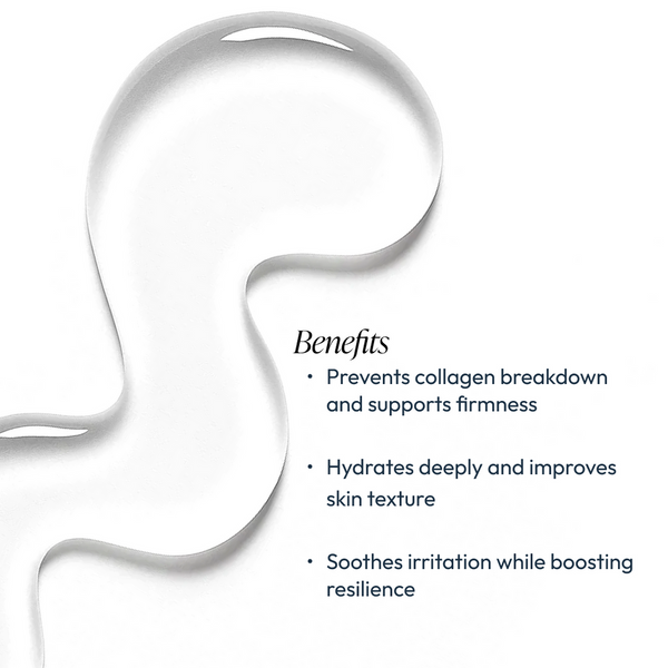 Clear serum drop shape on a white background highlighting benefits of Vitamin C Reversal Antioxidant Serum | Circadia, including collagen support, deep hydration, and soothing skin effects.