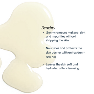 Close-up of a smooth, light cleansing oil texture with text highlighting benefits such as gentle makeup removal, nourishing antioxidant-rich oils, and leaving skin soft and hydrated, promoting skincare wellness with Vitamin Veil Cleansing Oil (formerly Vi