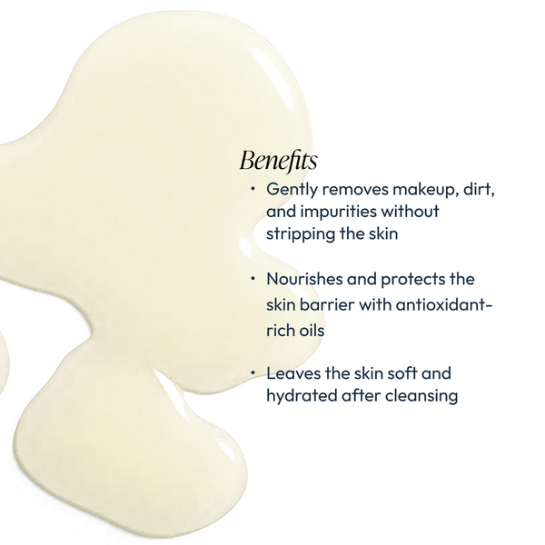 Close-up of a smooth, light cleansing oil texture with text highlighting benefits such as gentle makeup removal, nourishing antioxidant-rich oils, and leaving skin soft and hydrated, promoting skincare wellness with Vitamin Veil Cleansing Oil (formerly Vi
