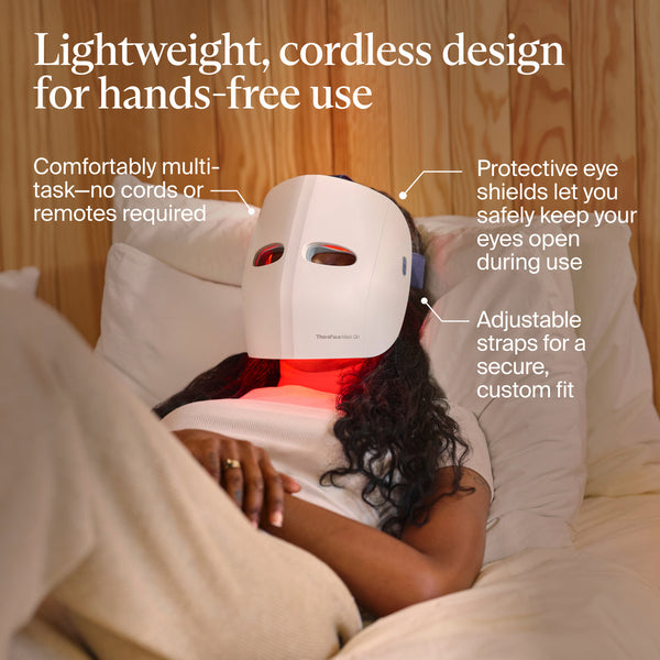 Person relaxing while wearing the TheraFace Mask Glo | Therabody, a lightweight cordless skincare device with protective eye shields and adjustable straps for hands-free use and a custom fit.