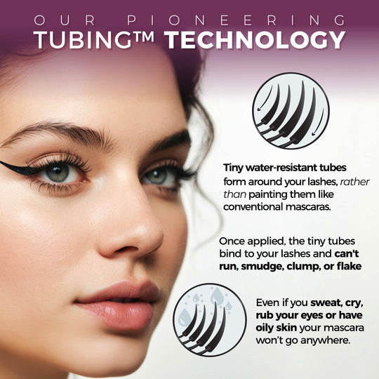 Close-up of a woman with voluminous eyelashes showcasing UltraVolume Tubing Mascara - Black | Blinc, highlighting innovative tubing technology that forms water-resistant tubes around lashes for long-lasting wear without smudging or flaking.