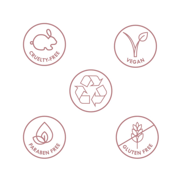 Icons representing cruelty-free, vegan, paraben-free, gluten-free, and recyclable attributes for Eyebrow Cream | Chella skincare product.