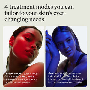 Two women demonstrating red and blue light therapy modes for skincare with the TheraFace Mask Glo | Therabody, showcasing customizable treatment options for wellness and skin care.