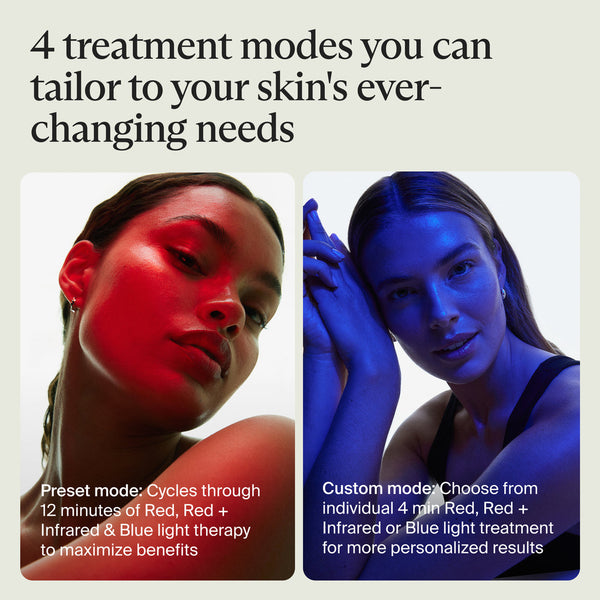 Two women demonstrating red and blue light therapy modes for skincare with the TheraFace Mask Glo | Therabody, showcasing customizable treatment options for wellness and skin care.