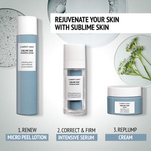 Sublime Skin Micropeel Lotion | [ comfort zone ] displayed alongside an intensive serum and cream with botanical elements and clear skincare textures, promoting rejuvenating skincare products.