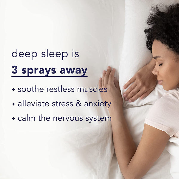 Woman sleeping peacefully on her side with text highlighting that deep sleep is three sprays away and benefits include soothing restless muscles, alleviating stress and anxiety, and calming the nervous system, promoting wellness with DREAM STATE | Barefoo