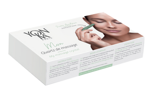 Packaging box for My Massage Crystal - Aventurine Crystal Massage Wands | Yon-Ka Paris showing a woman gently using a green crystal wand on her face, promoting skincare and wellness.