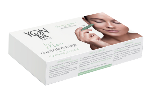 Packaging box for My Massage Crystal - Aventurine Crystal Massage Wands | Yon-Ka Paris showing a woman gently using a green crystal wand on her face, promoting skincare and wellness.