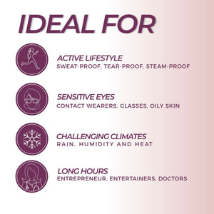 Ideal for active lifestyles with sweat-proof, tear-proof, and steam-proof formula; sensitive eyes including contact wearers and oily skin; challenging climates with rain, humidity, and heat; and long hours for entrepreneurs, entertainers, and doctors usin