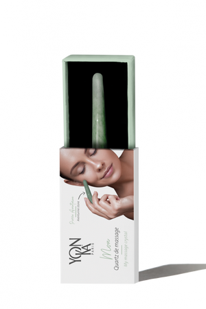 My Massage Crystal - Aventurine Crystal Massage Wands | Yon-Ka Paris shown in packaging with a woman using the green aventurine crystal wand for facial massage, promoting wellness and skincare.