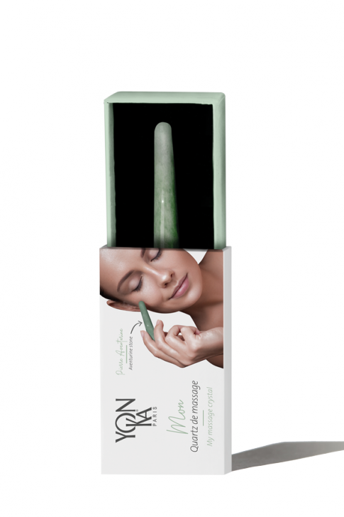 My Massage Crystal - Aventurine Crystal Massage Wands | Yon-Ka Paris shown in packaging with a woman using the green aventurine crystal wand for facial massage, promoting wellness and skincare.
