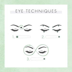 Illustration showing three eye massage techniques using My Massage Crystal - Aventurine Crystal Massage Wands | Yon-Ka Paris, highlighting specific pressure points and circular motions for skincare and wellness.