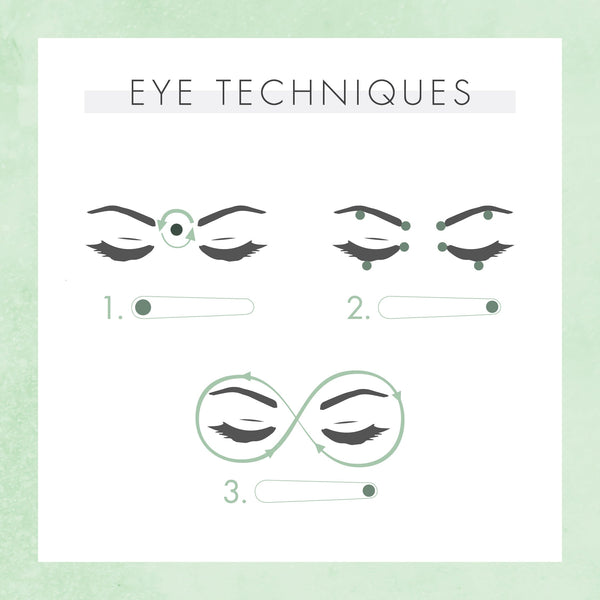 Illustration showing three eye massage techniques using My Massage Crystal - Aventurine Crystal Massage Wands | Yon-Ka Paris, highlighting specific pressure points and circular motions for skincare and wellness.