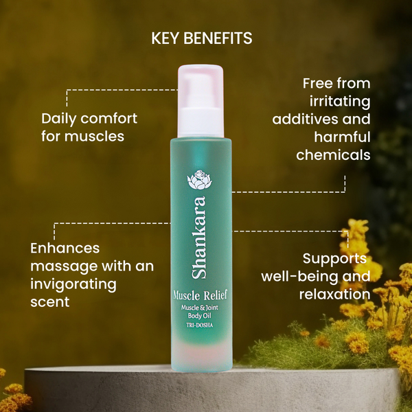 Bottle of Muscle Relief Oil | Shankara displayed with text highlighting key benefits including daily muscle comfort, free from irritating additives, invigorating scent for massage, and support for well-being and relaxation.