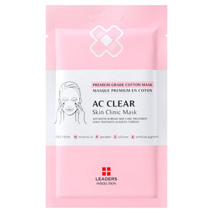 Packaging of AC Clear Skin Clinic Mask | Leaders featuring a premium grade cotton sheet mask designed for advanced Korean skincare treatment promoting clear and healthy skin.