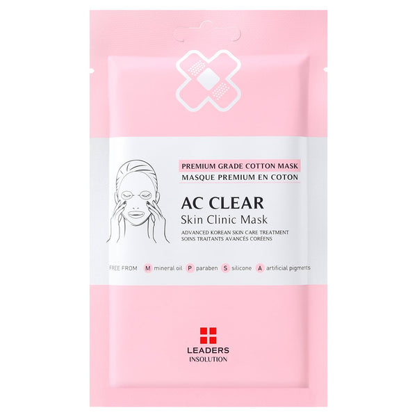 Packaging of AC Clear Skin Clinic Mask | Leaders featuring a premium grade cotton sheet mask designed for advanced Korean skincare treatment promoting clear and healthy skin.