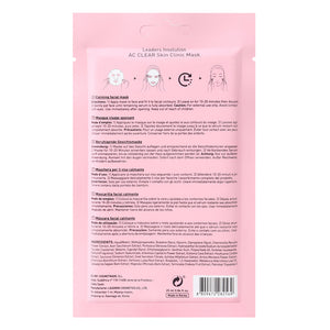 Packaging of AC Clear Skin Clinic Mask | Leaders showing usage instructions and ingredients on a pale pink background, designed for skincare and facial treatment.