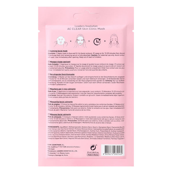 Packaging of AC Clear Skin Clinic Mask | Leaders showing usage instructions and ingredients on a pale pink background, designed for skincare and facial treatment.