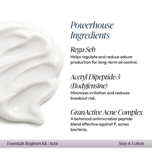 Close-up of white lotion texture beside text describing powerhouse ingredients in Acne Regimen Bundle | Circadia, highlighting Regu-Seb, Acetyl Dipeptide-3, and GranActive Acne Complex for skincare benefits.