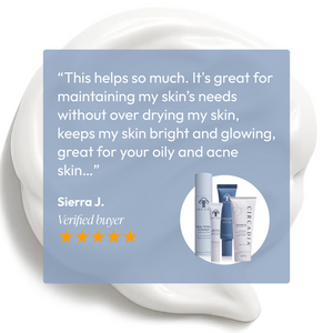 Customer review highlighting the benefits of Acne Regimen Bundle | Circadia for maintaining bright, glowing skin without dryness, shown with product image and five-star rating.