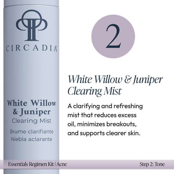Bottle of White Willow & Juniper Clearing Mist from the Acne Regimen Bundle | Circadia with description highlighting its role in reducing excess oil, minimizing breakouts, and supporting clearer skin.