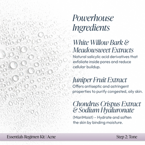 Close-up of water droplets on a white surface alongside text detailing powerhouse ingredients including White Willow Bark, Meadowsweet Extracts, Juniper Fruit Extract, Chondrus Crispus Extract, and Sodium Hyaluronate with moisturizing benefits for oily, c