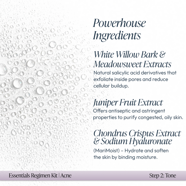 Close-up of water droplets on a white surface alongside text detailing powerhouse ingredients including White Willow Bark, Meadowsweet Extracts, Juniper Fruit Extract, Chondrus Crispus Extract, and Sodium Hyaluronate with moisturizing benefits for oily, c