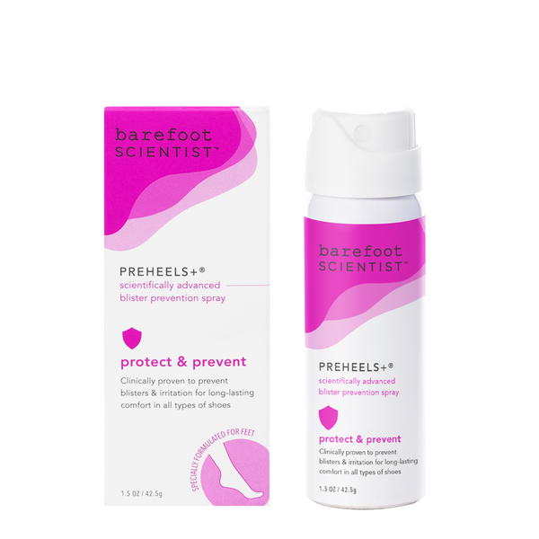 Preheels+ Blister Prevention Spray | Barefoot Scientist product packaging and spray bottle with pink and white design, promoting blister protection and foot comfort.