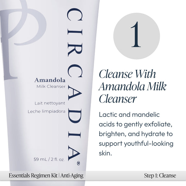 Close-up of Circadia Amandola Milk Cleanser tube with description highlighting lactic and mandelic acids for gentle exfoliation and hydration, part of the Anti-Aging Regimen Bundle | Circadia.