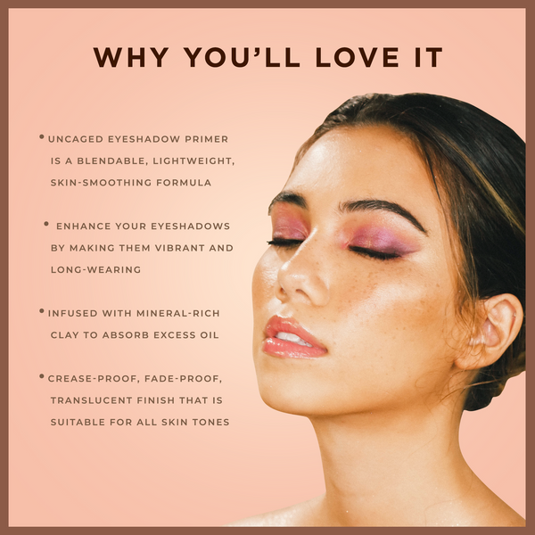 Woman with glowing skin and purple-pink eyeshadow showcasing the benefits of Uncaged Eyeshadow Primer | Pretty Vulgar, highlighting its blendable, lightweight, crease-proof formula with mineral-rich clay.