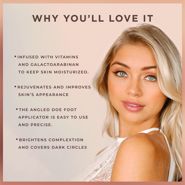 Woman with flawless skin and blonde hair next to text highlighting benefits of Under Cover Concealer | Pretty Vulgar, including moisturizing vitamins, skin rejuvenation, precise applicator, and brightening effects.