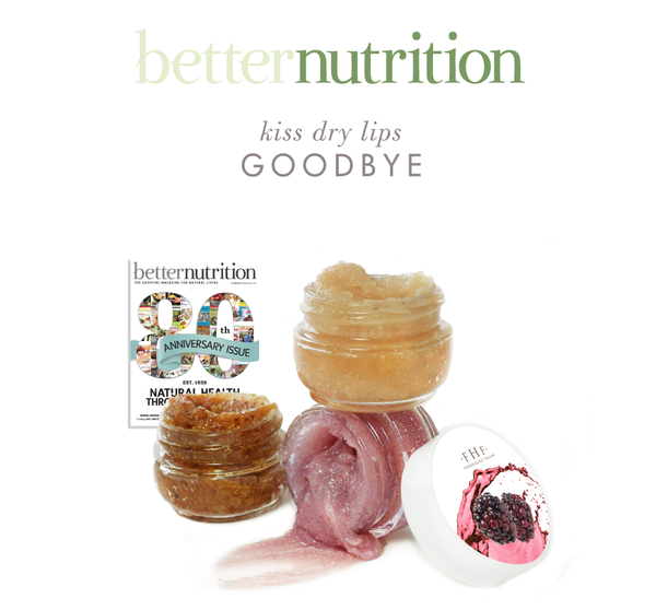 Beach Punch® Lip Polish | Farmhouse Fresh in open jars showing textured lip polish in natural brown and pink shades with a magazine cover in the background promoting dry lip care.