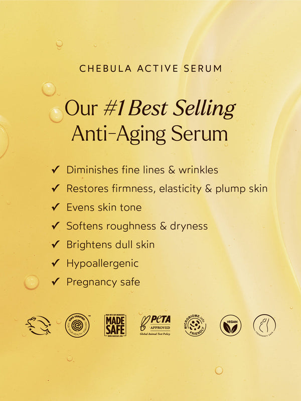 Chebula Active Serum | True Botanicals benefits listed on a soft yellow background highlighting its anti-aging properties such as diminishing wrinkles, restoring firmness, evening skin tone, brightening dull skin, and being hypoallergenic and pregnancy sa