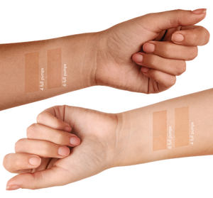 Two arms showing different shades of self-tanning results with four and six full pumps of Bronze Fox® Tanning Drops | Farmhouse Fresh applied on the skin for comparison.