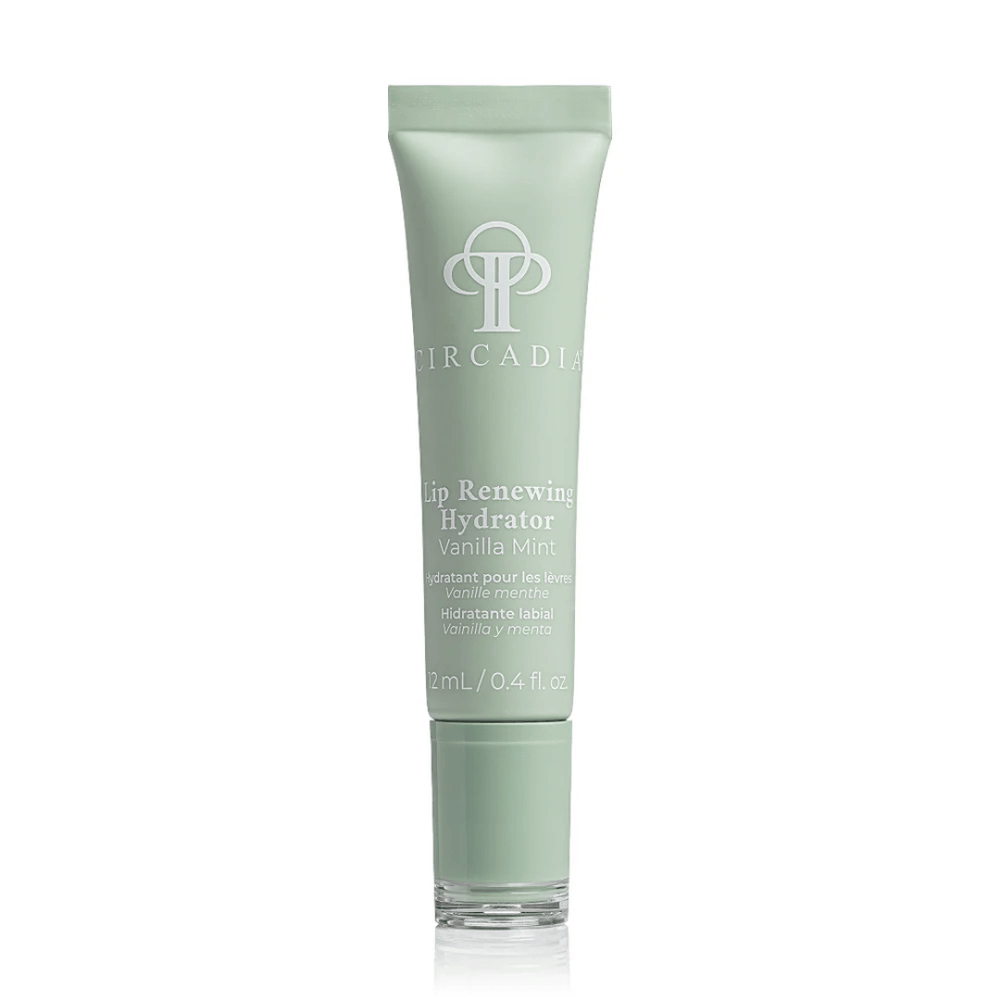 Tube of Lip Renewing Hydrator - Vanilla Mint | Circadia in soft green packaging, designed for nourishing and hydrating lips as part of a skincare routine.