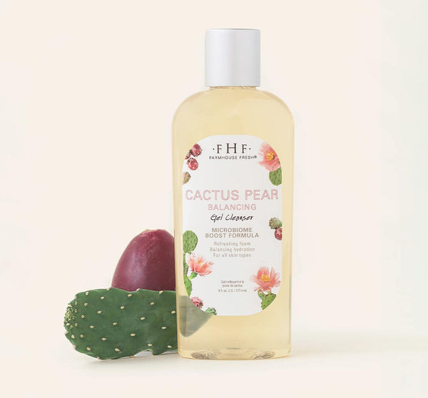Cactus Pear Balancing Gel Cleanser | Farmhouse Fresh bottle displayed with cactus fruit and green cactus pad, highlighting skincare product designed for refreshing hydration and balanced skin.