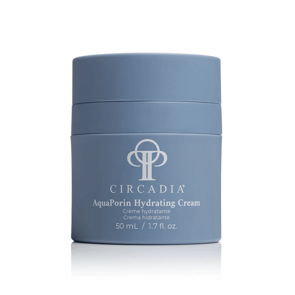 Blue container of AquaPorin Hydrating Cream | Circadia skincare product displayed on a white background emphasizing hydration and body care.