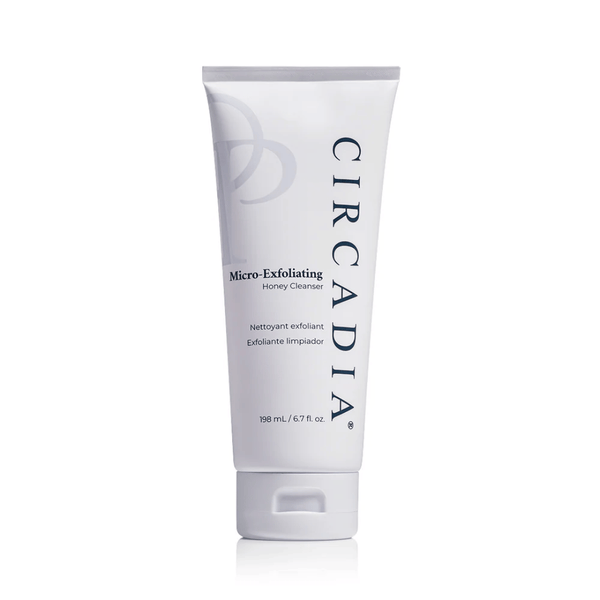 Tube of Micro-Exfoliating Honey Cleanser | Circadia in white packaging designed for skincare, displayed against a plain white background.