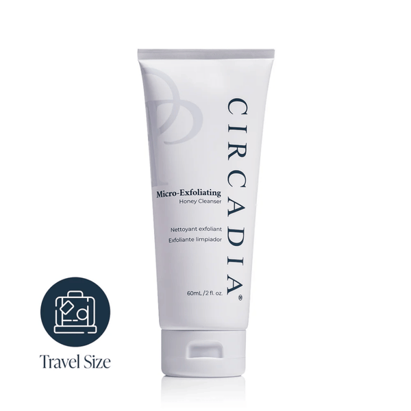 Tube of Micro-Exfoliating Honey Cleanser - 2 oz | Circadia in white packaging with dark blue text, shown as a travel size skincare product.