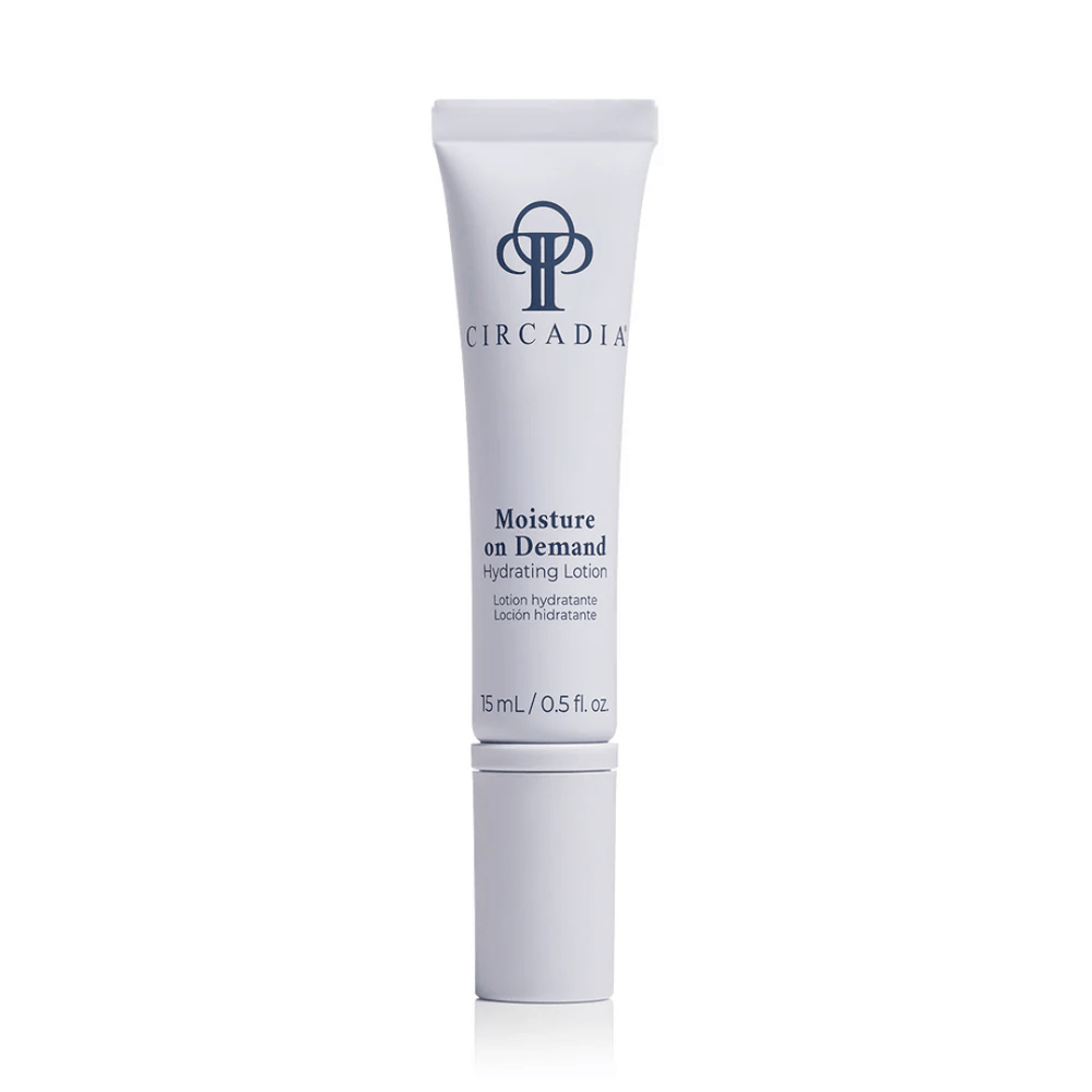 Tube of Moisture on Demand | Circadia hydrating lotion for skincare, featuring sleek white packaging with navy blue lettering on a clean white background.
