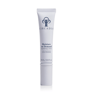 Tube of Moisture on Demand | Circadia hydrating lotion for skincare, featuring sleek white packaging with navy blue lettering on a clean white background.