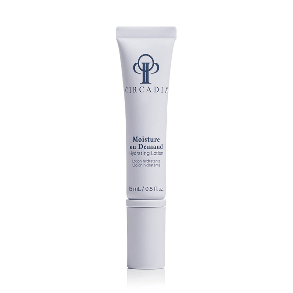 Tube of Moisture on Demand | Circadia hydrating lotion for skincare, featuring sleek white packaging with navy blue lettering on a clean white background.