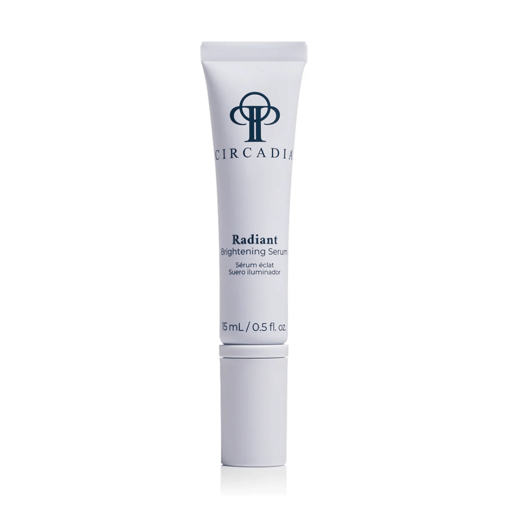 Tube of Radiant Brightening Serum (Formerly Bright White Serum) | Circadia displayed on a white background, skincare product for brightening and illuminating skin.
